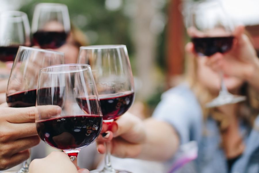 Group of friends cheering their wine on a warm spring day